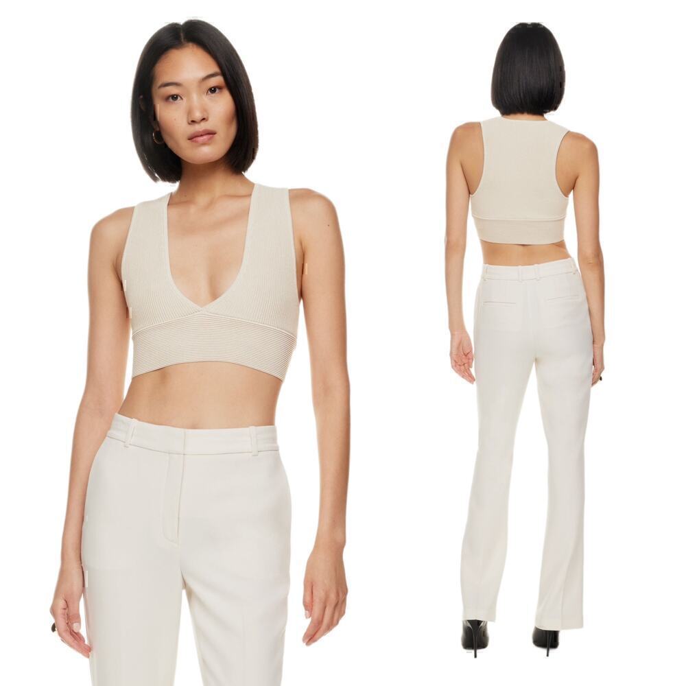 Babaton by Aritzia Cream Sculpt Knit Ribbed Crop Deep V Tank Top Size XS
